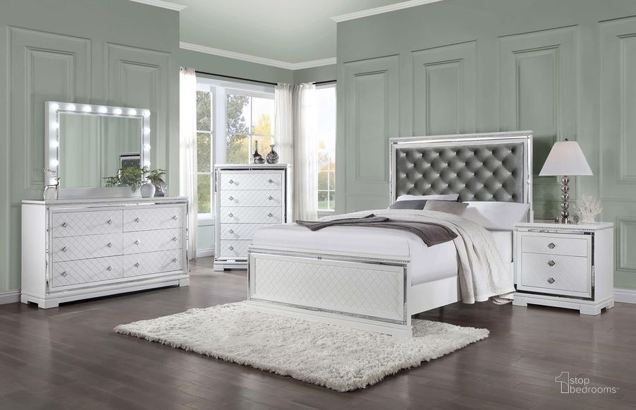 The appearance of Eleanor White And Silver Panel Bedroom set designed by Coaster in the transitional interior design. This white and silver piece of furniture  was selected by 1StopBedrooms from Eleanor Collection to add a touch of cosiness and style into your home. Sku: 223561QB1;223561QB2;223561QB3;223562. Material: Wood. Product Type: Bedroom Set. Bed Size: Queen. Image1