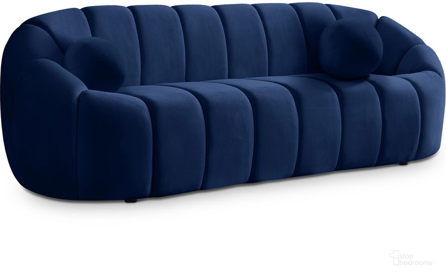 The appearance of Elijah Velvet Sofa In Navy designed by Meridian in the modern / contemporary interior design. This navy velvet piece of furniture  was selected by 1StopBedrooms from Elijah Collection to add a touch of cosiness and style into your home. Sku: 613Navy-S. Material: Wood. Product Type: Sofa. Image1