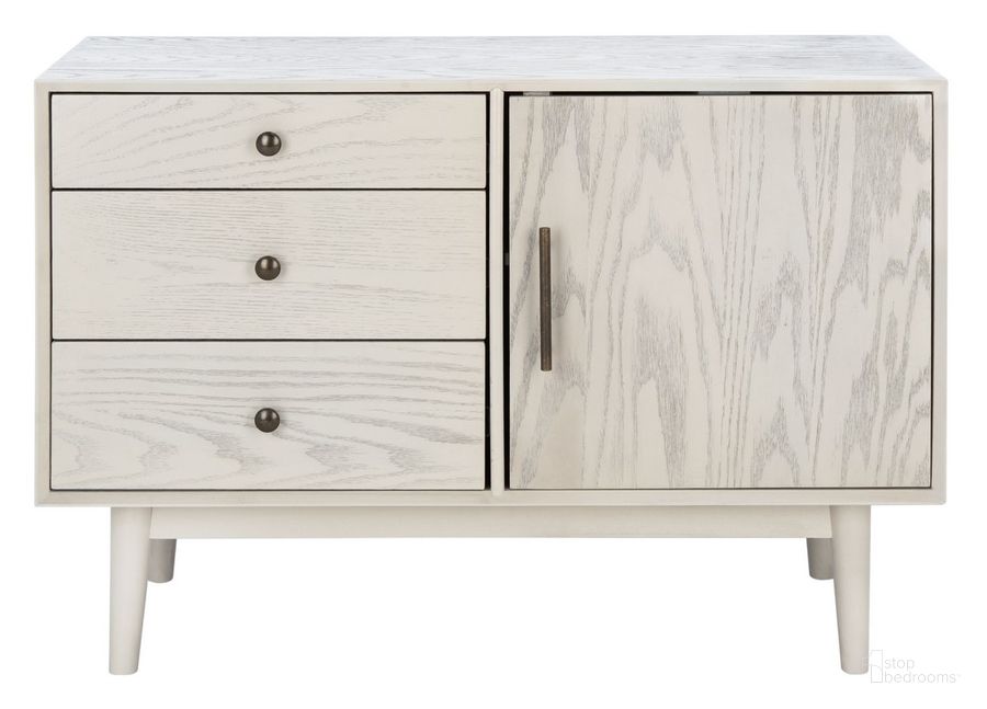 The appearance of Elissa Mid-Century Small Media Stand In White Washed designed by Safavieh Couture in the transitional interior design. This white wash piece of furniture  was selected by 1StopBedrooms from Elissa Collection to add a touch of cosiness and style into your home. Sku: SFV2116A. Material: Wood. Product Type: TV Stands and TV Console. Image1