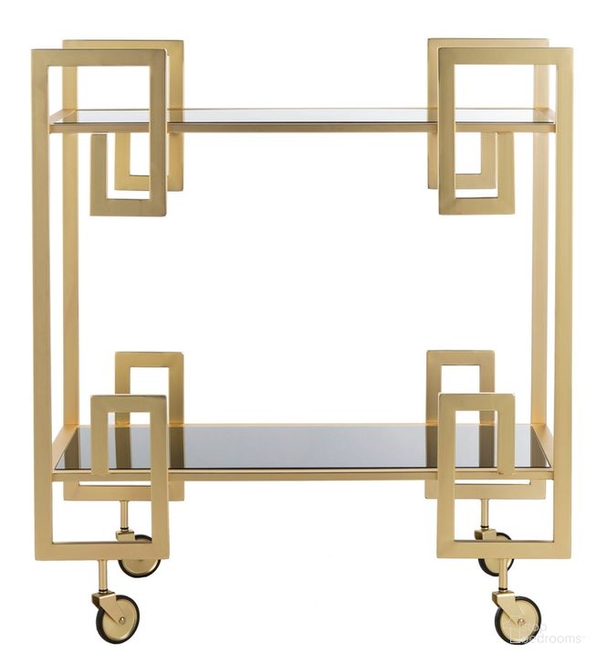 The appearance of Eliza Brass and Black Glass 2 Tier Bar Cart designed by Safavieh in the modern / contemporary interior design. This brass piece of furniture  was selected by 1StopBedrooms from Eliza Collection to add a touch of cosiness and style into your home. Sku: BCT8005A. Product Type: Bar Cart. Material: Iron. Image1