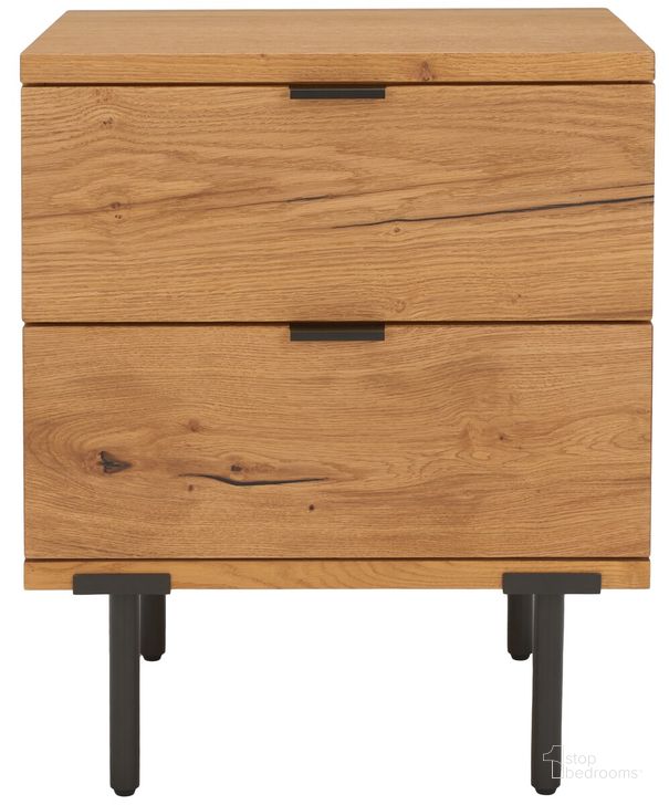 The appearance of Elizabella 2 Drawer Wood Nightstand In Oak And Black designed by Safavieh Couture in the industrial interior design. This oak piece of furniture  was selected by 1StopBedrooms from Elizabella Collection to add a touch of cosiness and style into your home. Sku: SFV5300A. Material: Wood. Product Type: Nightstand. Image1