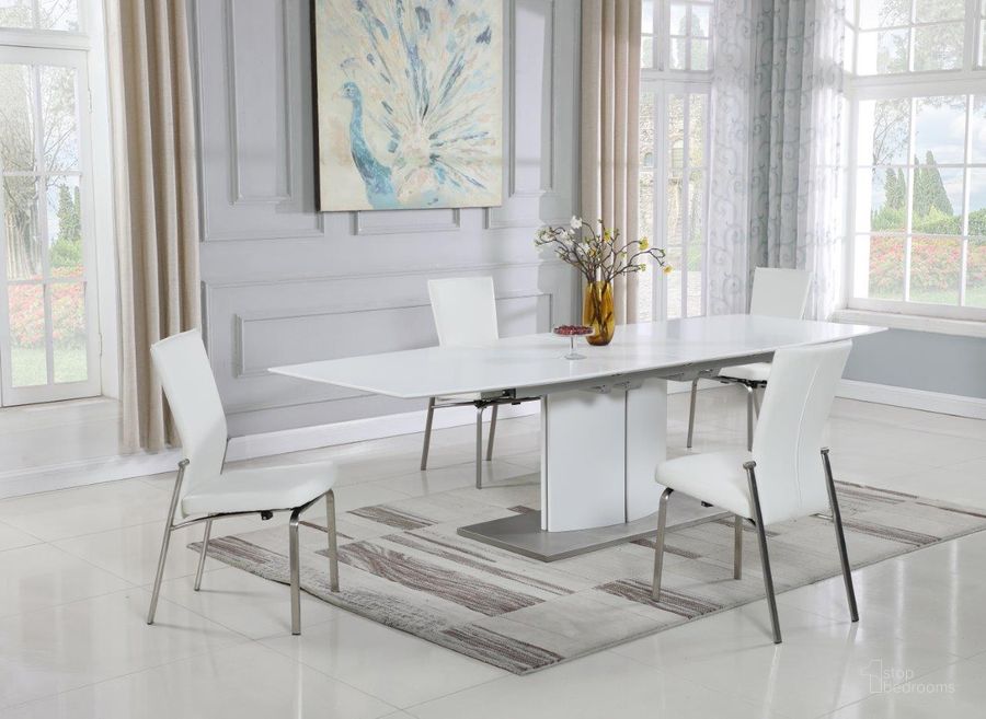 The appearance of Elizabeth Dining Set With Extendable Wooden Dining Table And Motion-Back Chairs In White designed by Chintaly Imports in the modern / contemporary interior design. This white piece of furniture  was selected by 1StopBedrooms from Elizabeth Collection to add a touch of cosiness and style into your home. Sku: ELIZABETH-DT-T;ELIZABETH-DT-M;ELIZABETH-DT-B;MOLLY-SC-WHT-BSH. Product Type: Dining Room Set. Image1