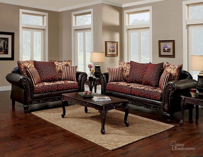 The appearance of Ellis Brown And Burgundy Living Room Set designed by Furniture of America in the traditional interior design. This red / brown piece of furniture  was selected by 1StopBedrooms from Ellis Collection to add a touch of cosiness and style into your home. Sku: SM7507N-SF;SM7507N-LV. Material: Wood. Product Type: Living Room Set. Image1