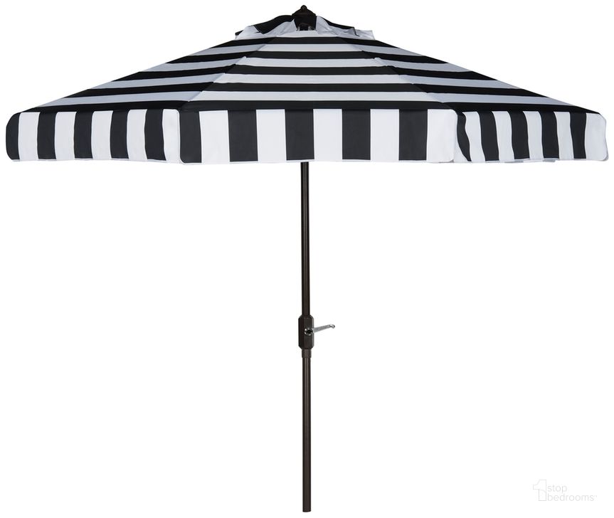 The appearance of Elsa Black and White UV-Resistant Fashion Line 9 Auto Tilt Umbrella designed by Safavieh in the modern / contemporary interior design. This black and white piece of furniture  was selected by 1StopBedrooms from Elsa Collection to add a touch of cosiness and style into your home. Sku: PAT8003A. Material: Aluminum. Product Type: Umbrella. Image1