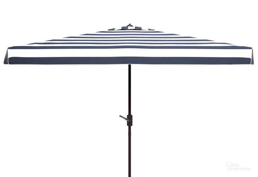 The appearance of Elsa Fashion Line 6.5 X 10 Ft Rect Umbrella PAT8303B designed by Safavieh in the modern / contemporary interior design. This white navy piece of furniture  was selected by 1StopBedrooms from Elsa Collection to add a touch of cosiness and style into your home. Sku: PAT8303B. Material: Aluminum. Product Type: Umbrella. Image1