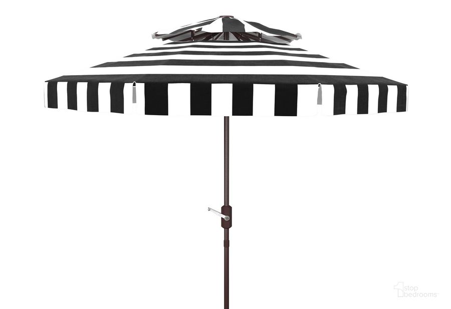The appearance of Elsa Fashion Line 9Ft Double Top Umbrella PAT8203A designed by Safavieh in the modern / contemporary interior design. This black and white piece of furniture  was selected by 1StopBedrooms from Elsa Collection to add a touch of cosiness and style into your home. Sku: PAT8203A. Material: Aluminum. Product Type: Umbrella. Image1