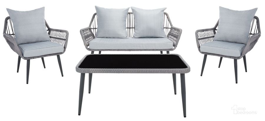 The appearance of Elsbeth 4Pc Living Set in Grey designed by Safavieh in the modern / contemporary interior design. This grey piece of furniture  was selected by 1StopBedrooms from Elsbeth Collection to add a touch of cosiness and style into your home. Sku: PAT9029B. Material: Steel. Product Type: Outdoor Set. Image1