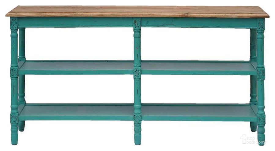 The appearance of Emerald Bay Console Table In Turquoise designed by Primitive Collections in the country / farmhouse interior design. This turquoise piece of furniture  was selected by 1StopBedrooms from  to add a touch of cosiness and style into your home. Sku: PC20120902610. Material: Wood. Product Type: Console Table. Image1
