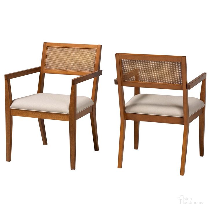 The appearance of Emilia Fabric and Wood Arm Chair Set of 2 In Beige and Walnut Brown designed by Baxton Studio in the modern / contemporary interior design. This beige and brown piece of furniture  was selected by 1StopBedrooms from Emilia Collection to add a touch of cosiness and style into your home. Sku: BBT5467.11-Walnut Rattan/Beige-CC. Product Type: Accent Chair. Material: MDF. Image1