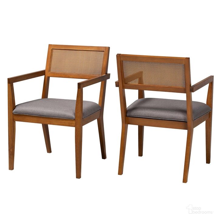 The appearance of Emilia Fabric and Wood Arm Chair Set of 2 In Grey and Walnut Brown designed by Baxton Studio in the modern / contemporary interior design. This grey/brown piece of furniture  was selected by 1StopBedrooms from Emilia Collection to add a touch of cosiness and style into your home. Sku: BBT5467.11-Walnut Rattan/Grey-CC. Product Type: Accent Chair. Material: MDF. Image1