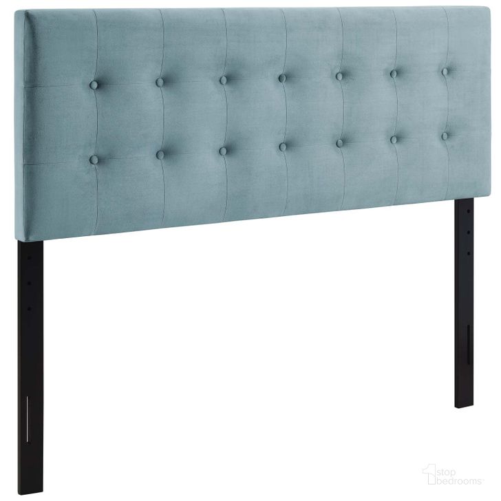The appearance of Emily Light Blue King Biscuit Tufted Performance Velvet Headboard designed by Modway in the modern / contemporary interior design. This light blue piece of furniture  was selected by 1StopBedrooms from Emily Collection to add a touch of cosiness and style into your home. Sku: MOD-6117-LBU. Product Type: Headboard. Bed Size: King. Material: MDF. Image1