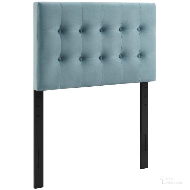 The appearance of Emily Light Blue Twin Biscuit Tufted Performance Velvet Headboard designed by Modway in the modern / contemporary interior design. This light blue piece of furniture  was selected by 1StopBedrooms from Emily Collection to add a touch of cosiness and style into your home. Sku: MOD-6114-LBU. Product Type: Headboard. Bed Size: Twin. Material: MDF. Image1