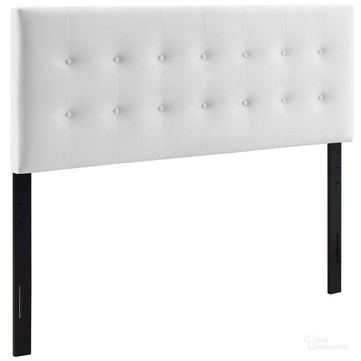The appearance of Emily White Full Biscuit Tufted Performance Velvet Headboard MOD-6115-WHI designed by Modway in the modern / contemporary interior design. This white velvet piece of furniture  was selected by 1StopBedrooms from Emily Collection to add a touch of cosiness and style into your home. Sku: MOD-6115-WHI. Product Type: Headboard. Bed Size: Full. Material: MDF. Image1