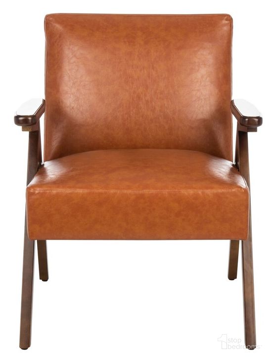 The appearance of Emyr Arm Chair in Cognac designed by Safavieh in the modern / contemporary interior design. This cognac piece of furniture  was selected by 1StopBedrooms from Emyr Collection to add a touch of cosiness and style into your home. Sku: ACH4007A. Material: Wood. Product Type: Accent Chair. Image1