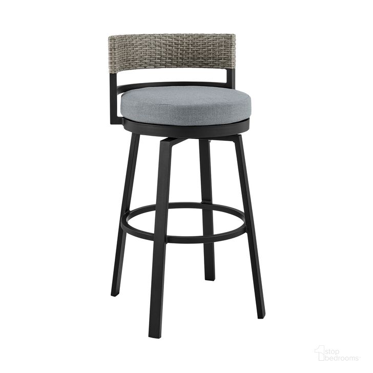 The appearance of Encinitas Outdoor Patio Swivel Bar Stool In Aluminum and Wicker with Gray Cushions designed by Armen Living in the modern / contemporary interior design. This dark gray piece of furniture  was selected by 1StopBedrooms from Encinitas Collection to add a touch of cosiness and style into your home. Sku: LCECBAGR30. Material: Aluminum. Product Type: Outdoor Bar Furniture. Image1