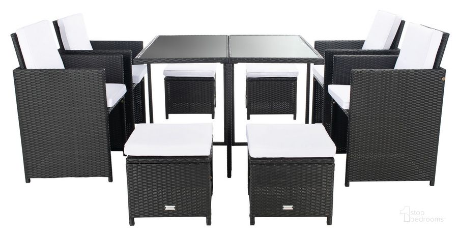 The appearance of Enerson Outdoor Dining Set in Black and White designed by Safavieh in the modern / contemporary interior design. This black and white piece of furniture  was selected by 1StopBedrooms from Enerson Collection to add a touch of cosiness and style into your home. Sku: PAT7523A-2BX. Table Base Style: Trestle. Table Top Shape: Square. Material: Steel. Product Type: Outdoor Dining Set. Image1