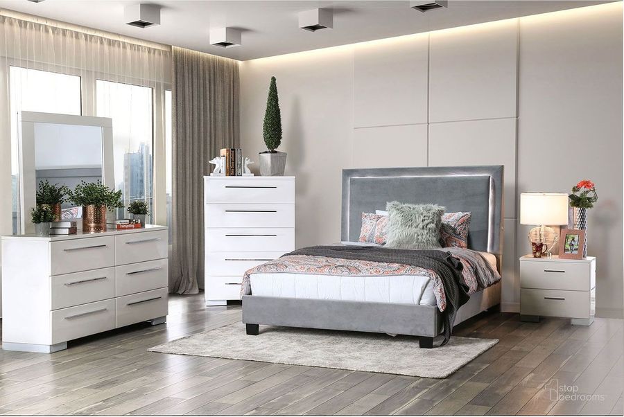 The appearance of Erglow Gray Upholstered Platform Bedroom Set designed by Furniture of America in the modern / contemporary interior design. This gray piece of furniture  was selected by 1StopBedrooms from Erglow Collection to add a touch of cosiness and style into your home. Sku: CM7695GY-Q-HB-VN;CM7695GY-Q-FBR-VN;CM7201N. Material: Wood. Product Type: Bedroom Set. Bed Size: Queen. Image1