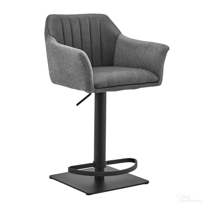The appearance of Erin Adjustable Gray Faux Leather and Fabric Metal Swivel Bar Stool designed by Armen Living in the modern / contemporary interior design. This gray piece of furniture  was selected by 1StopBedrooms from Erin Collection to add a touch of cosiness and style into your home. Sku: LCERBAGRBL. Product Type: Barstool. Material: Iron. Image1