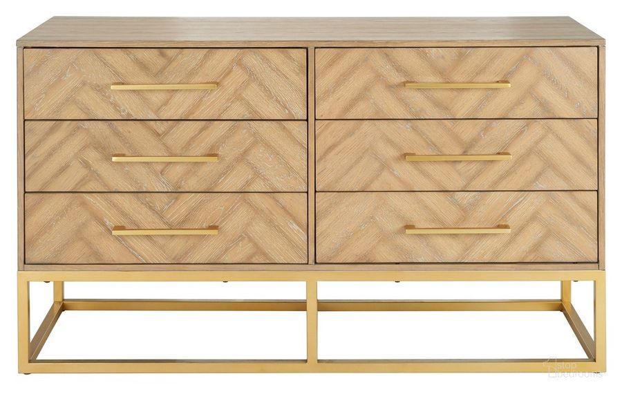 The appearance of Estelle Dresser In Rustic Oak And Gold designed by Safavieh Couture in the modern / contemporary interior design. This gold piece of furniture  was selected by 1StopBedrooms from Estelle Collection to add a touch of cosiness and style into your home. Sku: SFV2105D. Material: Wood. Product Type: Dresser. Image1