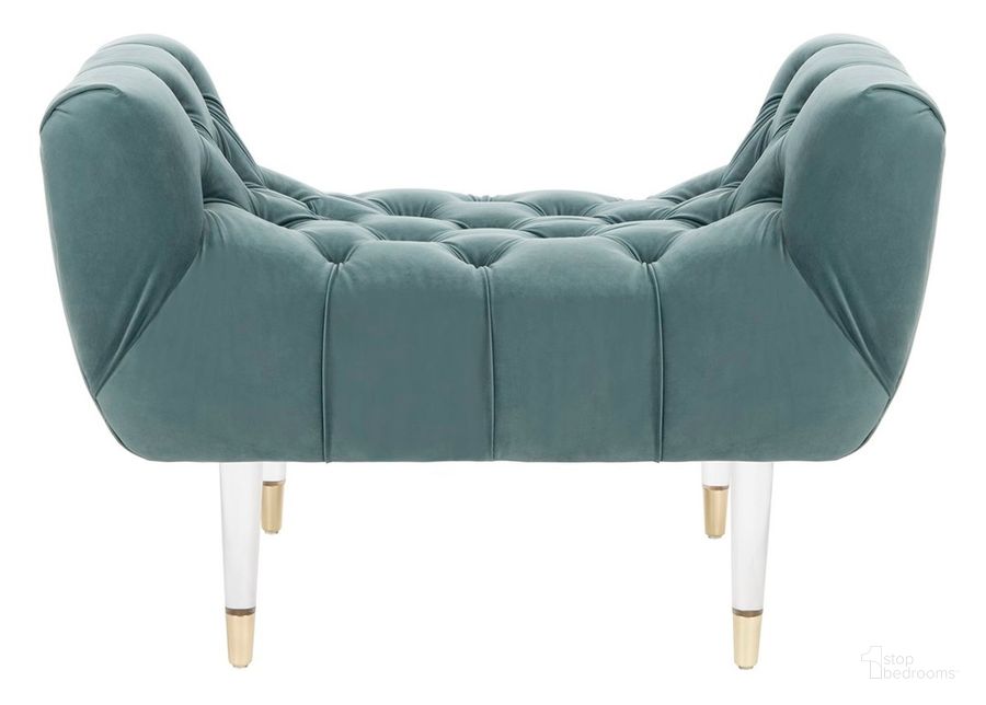 The appearance of Eugenie Tufted Velvet Bench In Seafoam - SFV4705B designed by Safavieh Couture in the modern / contemporary interior design. This seafoam piece of furniture  was selected by 1StopBedrooms from Eugenie Collection to add a touch of cosiness and style into your home. Sku: SFV4705B. Material: Wood. Product Type: Bench. Image1