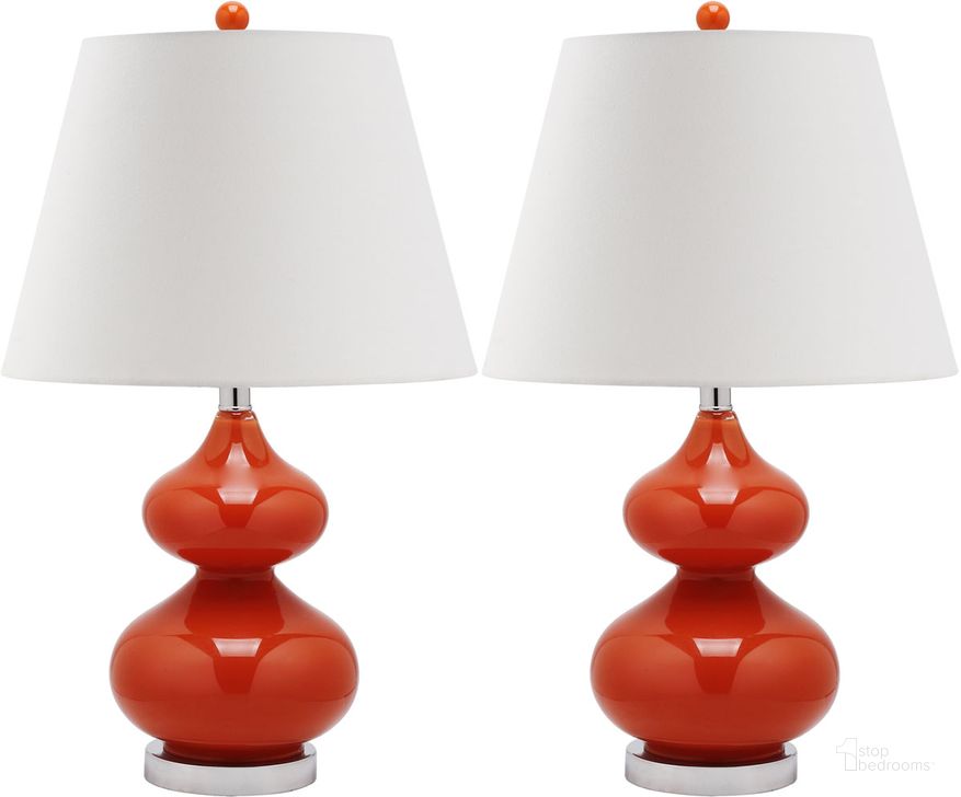 The appearance of Eva Blood Orange and Off-White 24 Inch Double Gourd Glass Lamp Set of 2 designed by Safavieh in the modern / contemporary interior design. This orange piece of furniture  was selected by 1StopBedrooms from Eva Collection to add a touch of cosiness and style into your home. Sku: LIT4086D-SET2. Product Type: Table Lamp. Image1