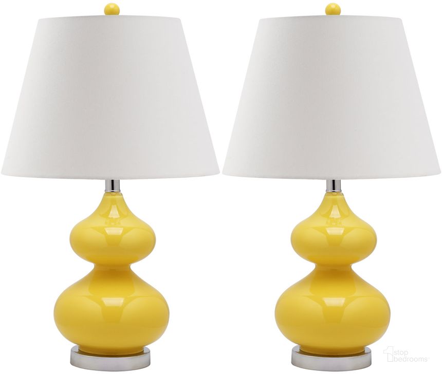 The appearance of Eva Yellow and Off-White 24 Inch Double Gourd Glass Lamp Set of 2 designed by Safavieh in the modern / contemporary interior design. This yellow piece of furniture  was selected by 1StopBedrooms from Eva Collection to add a touch of cosiness and style into your home. Sku: LIT4086H-SET2. Product Type: Table Lamp. Image1