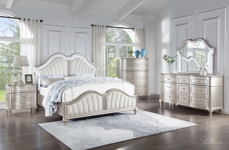 The appearance of Evangeline Silver And Ivory Tufted Upholstered Platform Bedroom Set designed by Coaster in the glam interior design. This silver/cream piece of furniture  was selected by 1StopBedrooms from Evangeline Collection to add a touch of cosiness and style into your home. Sku: 223391QB1;223391QB2;223391QB3;223392. Product Type: Bedroom Set. Bed Size: Queen. Material: Plywood. Image1
