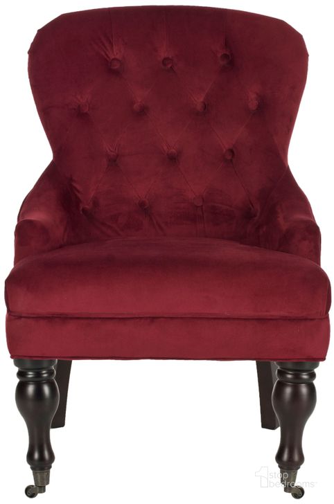 The appearance of Everly Red Velvet and Java Tufted Arm Chair designed by Safavieh in the traditional interior design. This red piece of furniture  was selected by 1StopBedrooms from Everly Collection to add a touch of cosiness and style into your home. Sku: MCR4544E. Material: Wood. Product Type: Accent Chair. Image1