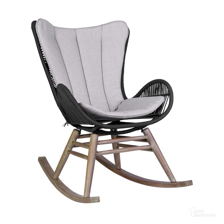 The appearance of Fanny Outdoor Patio Rocking Chair In Light Eucalyptus Wood and Charcoal Rope designed by Armen Living in the modern / contemporary interior design. This charcoal piece of furniture  was selected by 1StopBedrooms from Fanny Collection to add a touch of cosiness and style into your home. Sku: 840254332263. Product Type: Outdoor Chair. Material: Rope. Image1