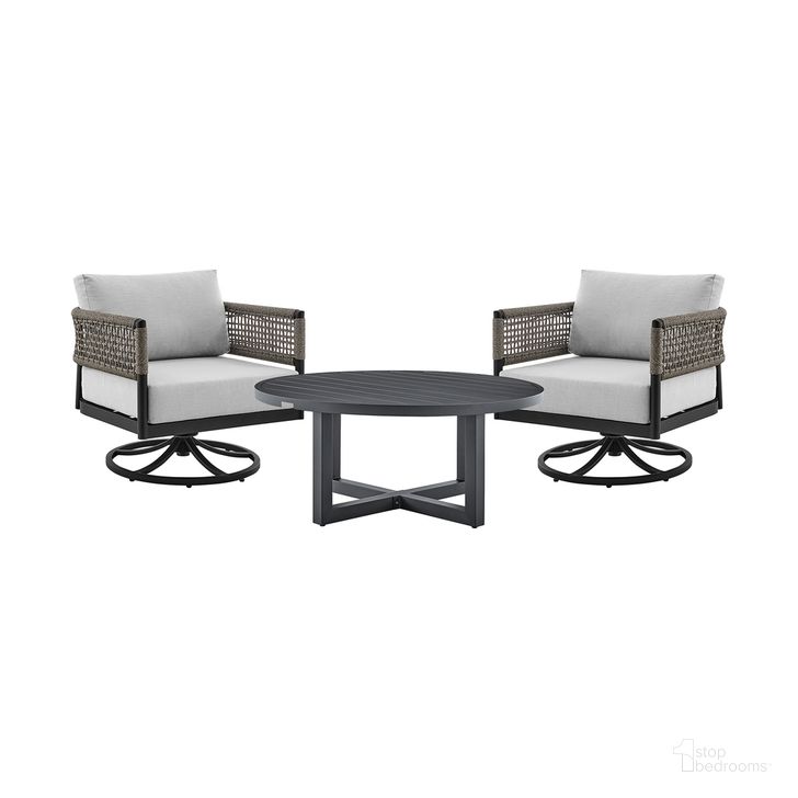 The appearance of Felicia and Argiope 3-Piece Patio Outdoor Swivel Seating Set In Black Aluminum with Gray Rope and Cushions designed by Armen Living in the modern / contemporary interior design. This light gray piece of furniture  was selected by 1StopBedrooms from Felicia and Argiope Collection to add a touch of cosiness and style into your home. Sku: 840254332553;840254332522;840254332522. Material: Aluminum. Product Type: Outdoor Conversation Set. Image1