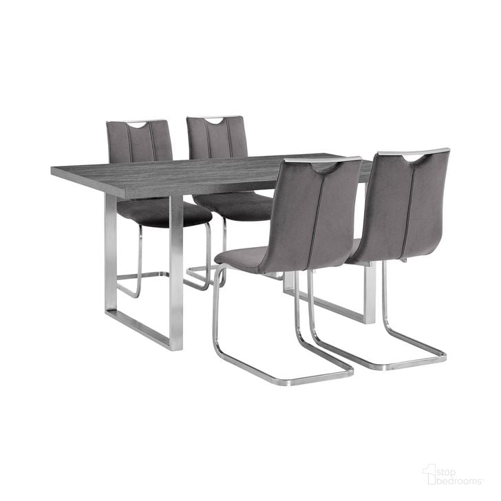 The appearance of Fenton and Pacific 5-Piece Modern Rectangular Dining Set with Metal Base In Gray Melamine Wood and Gray Fabric designed by Armen Living in the modern / contemporary interior design. This stainless steel piece of furniture  was selected by 1StopBedrooms from Fenton and Pacific Collection to add a touch of cosiness and style into your home. Sku: LCFEDIGRTO;LCFEDIBSLG;LCPCSIGRFBC;LCPCSIGRFBC. Material: Metal. Product Type: Dining Room Set. Image1