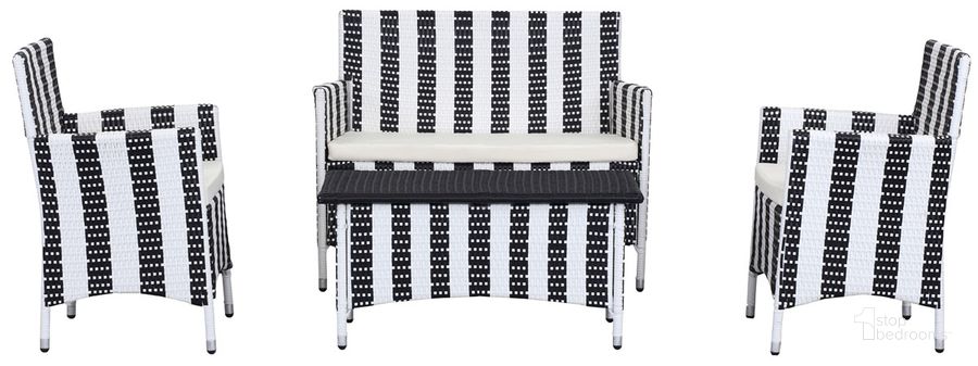 The appearance of Figueroa 4 Pc Outdoor Set PAT2508D designed by Safavieh in the transitional interior design. This black and white piece of furniture  was selected by 1StopBedrooms from Figueroa Collection to add a touch of cosiness and style into your home. Sku: PAT2508D. Material: Steel. Product Type: Outdoor Conversation Set. Image1
