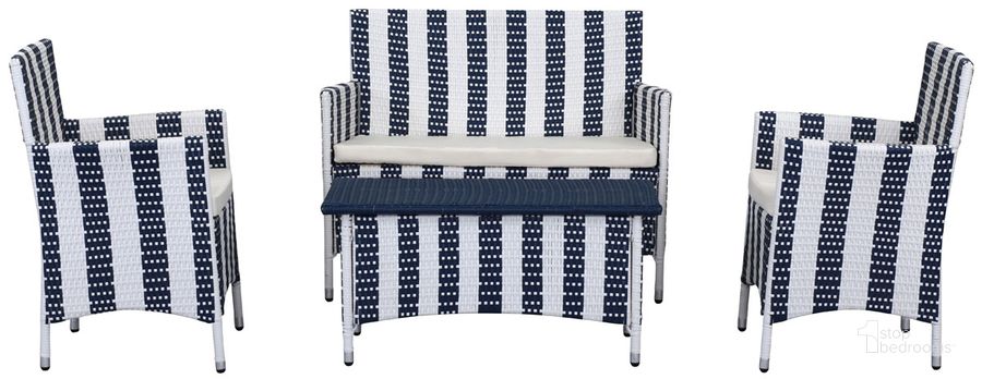 The appearance of Figueroa 4 Pc Outdoor Set PAT2508F designed by Safavieh in the transitional interior design. This white navy piece of furniture  was selected by 1StopBedrooms from Figueroa Collection to add a touch of cosiness and style into your home. Sku: PAT2508F. Material: Steel. Product Type: Outdoor Conversation Set. Image1