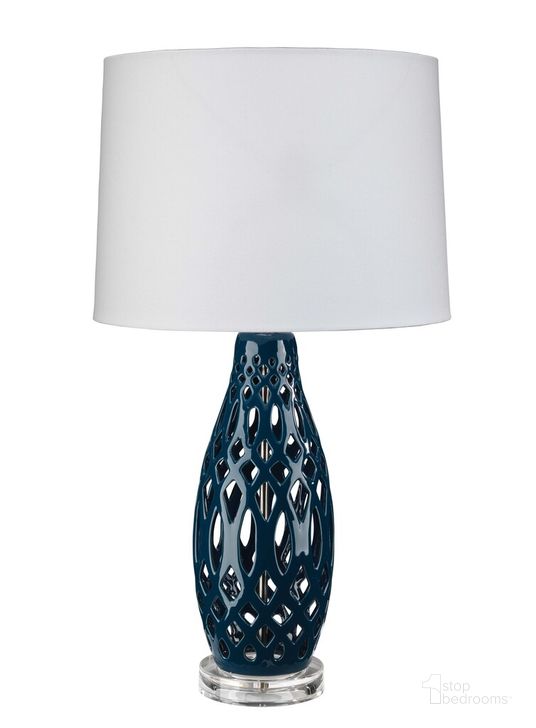 The appearance of Filigree Table Lamp in Navy Blue Ceramic with Cone Shade in White Linen designed by Jamie Young Company in the traditional interior design. This navy blue piece of furniture  was selected by 1StopBedrooms from Filigree Collection to add a touch of cosiness and style into your home. Sku: LS9FILIGRENV. Material: Ceramic. Product Type: Table Lamp. Image1