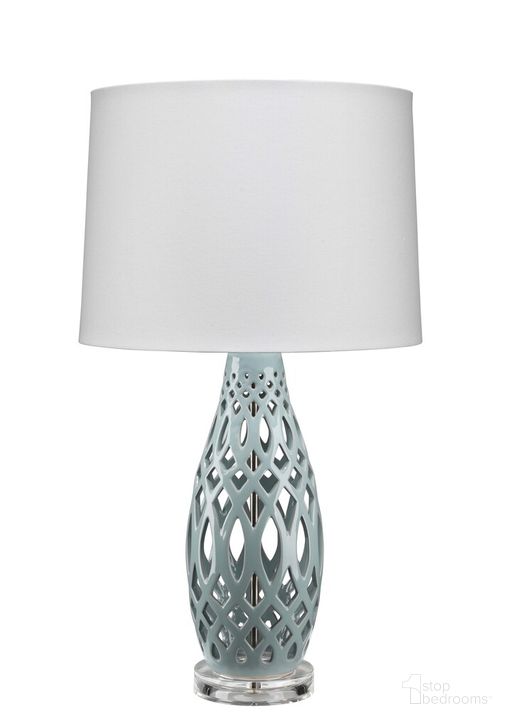 The appearance of Filigree Table Lamp in Pale Blue Ceramic with Cone Shade in White Linen designed by Jamie Young Company in the traditional interior design. This pale blue piece of furniture  was selected by 1StopBedrooms from Filigree Collection to add a touch of cosiness and style into your home. Sku: LS9FILIGREPB. Material: Ceramic. Product Type: Table Lamp. Image1