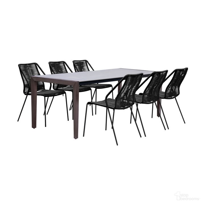 The appearance of Fineline and Clip Indoor Outdoor 7-Piece Dining Set In Dark Eucalyptus Wood with Superstone and Black Rope designed by Armen Living in the modern / contemporary interior design. This dark gray piece of furniture  was selected by 1StopBedrooms from Fineline and Clip Collection to add a touch of cosiness and style into your home. Sku: LCFLDIWDDK;LCCPSIBL;LCCPSIBL;LCCPSIBL. Material: Stone. Product Type: Outdoor Dining Set. Image1