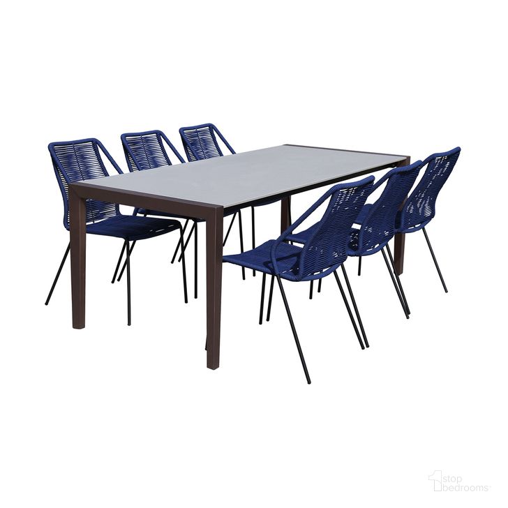 The appearance of Fineline and Clip Indoor Outdoor 7-Piece Dining Set In Dark Eucalyptus Wood with Superstone and Blue Rope designed by Armen Living in the modern / contemporary interior design. This dark gray piece of furniture  was selected by 1StopBedrooms from Fineline and Clip Collection to add a touch of cosiness and style into your home. Sku: LCFLDIWDDK;LCCPSIBLUE;LCCPSIBLUE;LCCPSIBLUE. Material: Stone. Product Type: Outdoor Dining Set. Image1