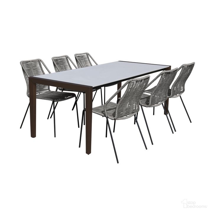 The appearance of Fineline and Clip Indoor Outdoor 7-Piece Dining Set In Dark Eucalyptus Wood with Superstone and Gray Rope designed by Armen Living in the modern / contemporary interior design. This dark gray piece of furniture  was selected by 1StopBedrooms from Fineline and Clip Collection to add a touch of cosiness and style into your home. Sku: LCFLDIWDDK;LCCPSIGRY;LCCPSIGRY;LCCPSIGRY. Material: Stone. Product Type: Outdoor Dining Set. Image1