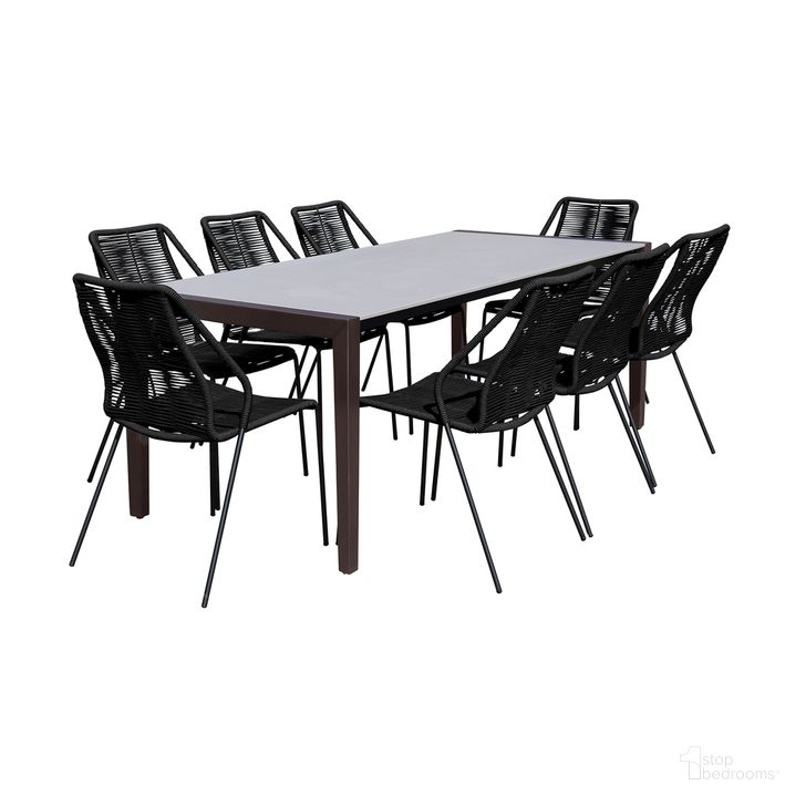 The appearance of Fineline and Clip Indoor Outdoor 9-Piece Dining Set In Dark Eucalyptus Wood with Superstone and Black Rope designed by Armen Living in the modern / contemporary interior design. This dark gray piece of furniture  was selected by 1StopBedrooms from Fineline and Clip Collection to add a touch of cosiness and style into your home. Sku: LCFLDIWDDK;LCCPSIBL;LCCPSIBL;LCCPSIBL;LCCPSIBL. Material: Stone. Product Type: Outdoor Dining Set. Image1