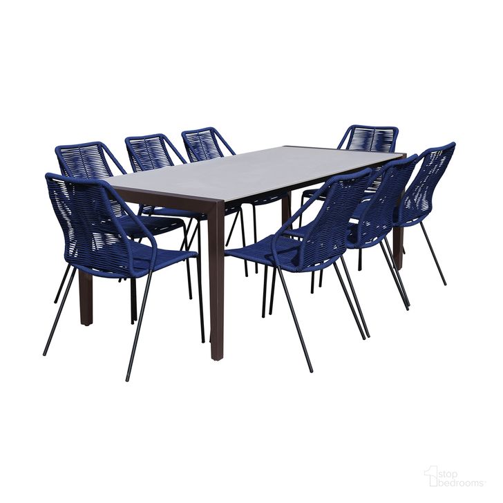 The appearance of Fineline and Clip Indoor Outdoor 9-Piece Dining Set In Dark Eucalyptus Wood with Superstone and Blue Rope designed by Armen Living in the modern / contemporary interior design. This dark gray piece of furniture  was selected by 1StopBedrooms from Fineline and Clip Collection to add a touch of cosiness and style into your home. Sku: LCFLDIWDDK;LCCPSIBLUE;LCCPSIBLUE;LCCPSIBLUE;LCCPSIBLUE. Material: Stone. Product Type: Outdoor Dining Set. Image1