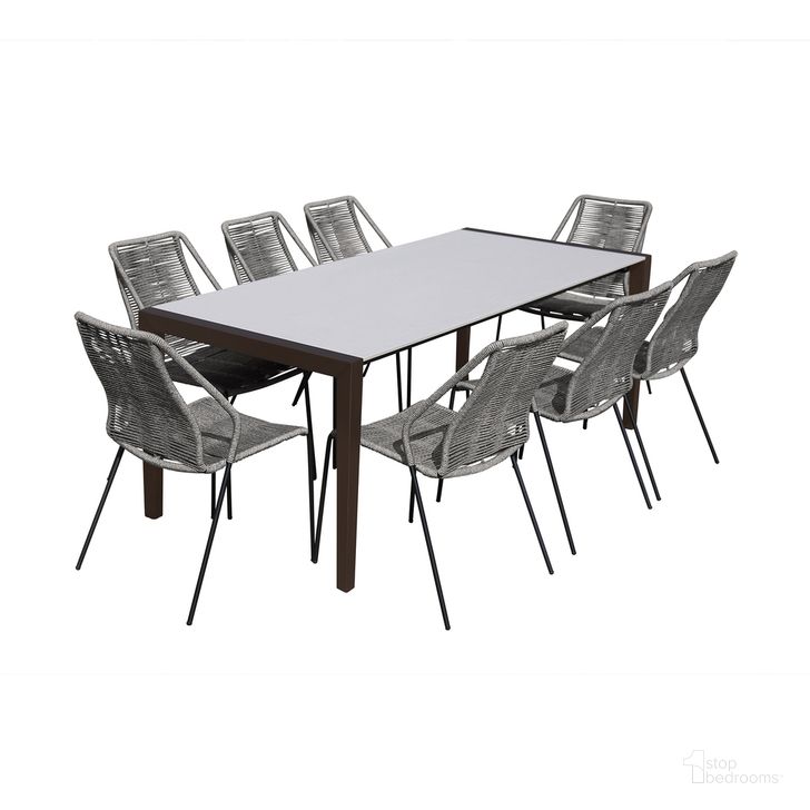 The appearance of Fineline and Clip Indoor Outdoor 9-Piece Dining Set In Dark Eucalyptus Wood with Superstone and Gray Rope designed by Armen Living in the modern / contemporary interior design. This dark gray piece of furniture  was selected by 1StopBedrooms from Fineline and Clip Collection to add a touch of cosiness and style into your home. Sku: LCFLDIWDDK;LCCPSIGRY;LCCPSIGRY;LCCPSIGRY;LCCPSIGRY. Material: Stone. Product Type: Outdoor Dining Set. Image1