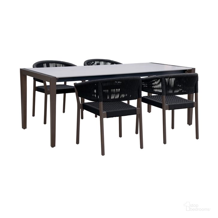 The appearance of Fineline and Doris Indoor Outdoor 5-Piece Dining Set In Dark Eucalyptus Wood with Superstone and Black Rope designed by Armen Living in the modern / contemporary interior design. This dark gray piece of furniture  was selected by 1StopBedrooms from Fineline and Doris Collection to add a touch of cosiness and style into your home. Sku: LCFLDIWDDK;LCDOSIBLK;LCDOSIBLK. Material: Stone. Product Type: Outdoor Dining Set. Image1