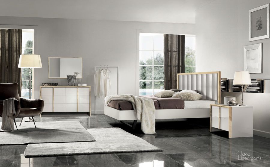 The appearance of Fiocco Premium White And Gold Panel Bedroom Set designed by J&M in the transitional interior design. This gray and gold piece of furniture  was selected by 1StopBedrooms from Fiocco Collection to add a touch of cosiness and style into your home. Sku: 17454-Q;17454-NS. Product Type: Bedroom Set. Bed Size: Queen. Image1