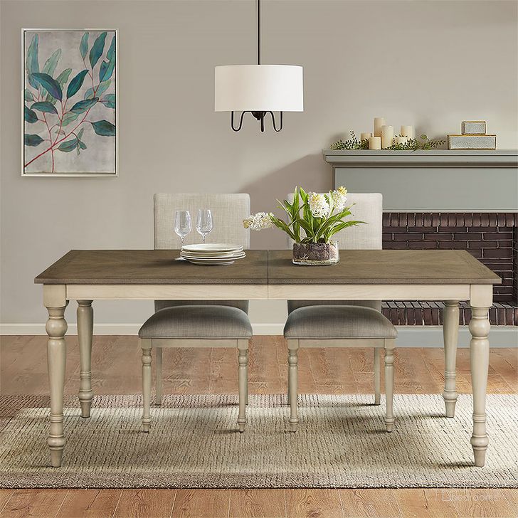 The appearance of Fiona Wood Rectangular Dining Table In Brown and Distressed White designed by Olliix in the country / farmhouse interior design. This brown/distressed white piece of furniture  was selected by 1StopBedrooms from Fiona Collection to add a touch of cosiness and style into your home. Sku: MT121-1187. Table Base Style: Legs. Product Type: Dining Table. Material: Wood Veneer. Table Top Shape: Rectangular. Size: 72". Image1