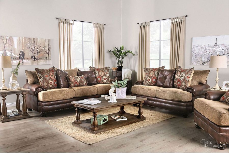 The appearance of Fletcher Brown And Tan Living Room Set designed by Furniture of America in the transitional interior design. This brown piece of furniture  was selected by 1StopBedrooms from Fletcher Collection to add a touch of cosiness and style into your home. Sku: SM5148-SF;SM5148-LV. Material: Wood. Product Type: Living Room Set. Image1