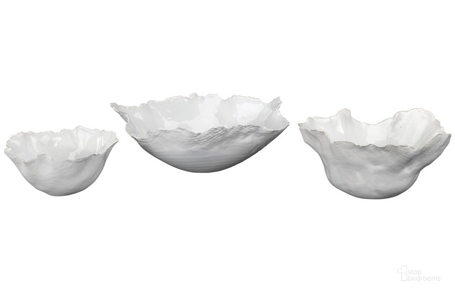 The appearance of Fleur White Ceramic Bowls (set of 3) designed by Jamie Young Company in the modern / contemporary interior design. This white piece of furniture  was selected by 1StopBedrooms from Fleur Collection to add a touch of cosiness and style into your home. Sku: 7FLEU-BOWH. Material: Ceramic. Product Type: Bowl. Image1