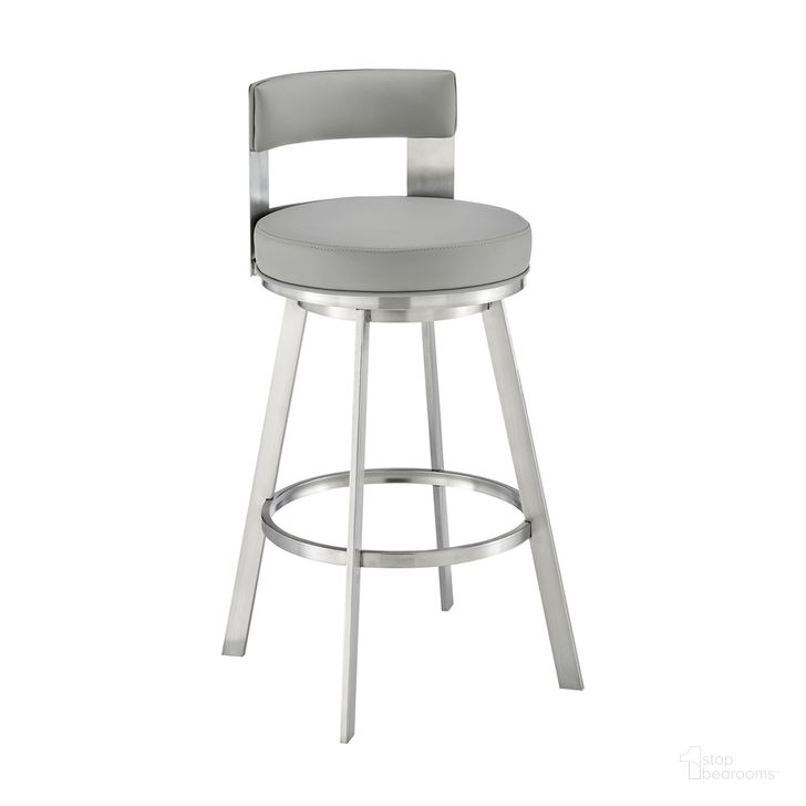 The appearance of Flynn 26 Inch Swivel Counter Stool In Brushed Stainless Steel with Light Gray Faux Leather designed by Armen Living in the modern / contemporary interior design. This light gray piece of furniture  was selected by 1StopBedrooms from Flynn Collection to add a touch of cosiness and style into your home. Sku: LCFLBABSLGRY26. Material: Faux Leather. Product Type: Barstool. Image1