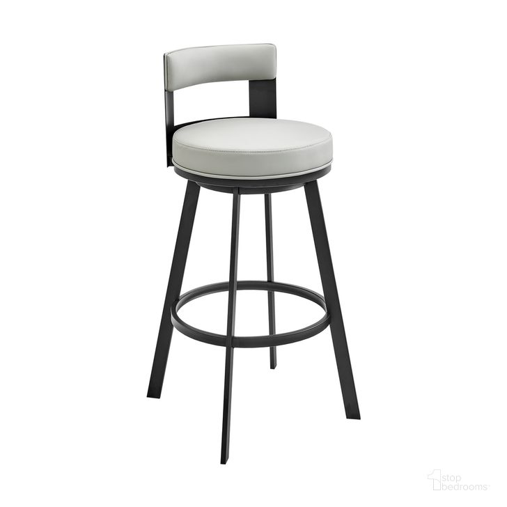 The appearance of Flynn 30 Inch Swivel Bar Stool In Black Metal with Light Gray Faux Leather designed by Armen Living in the modern / contemporary interior design. This light gray/black piece of furniture  was selected by 1StopBedrooms from Flynn Collection to add a touch of cosiness and style into your home. Sku: LCFLBABLKLGRY30. Material: Faux Leather. Product Type: Barstool. Image1