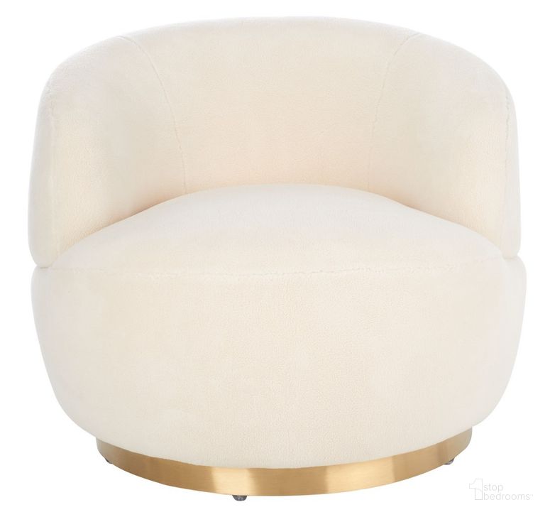 The appearance of Flynn Faux Lamb Wool Swivel Chair In Ivory And Gold designed by Safavieh Couture in the glam interior design. This ivory and gold piece of furniture  was selected by 1StopBedrooms from Flynn Collection to add a touch of cosiness and style into your home. Sku: SFV4739A. Material: Wood. Product Type: Accent Chair. Image1
