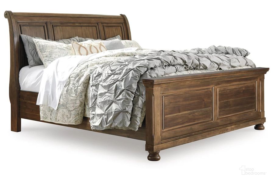 The appearance of Flynnter Queen Sleigh Bed In Medium Brown designed by Signature Design by Ashley in the transitional interior design. This medium brown piece of furniture  was selected by 1StopBedrooms from Flynnter Collection to add a touch of cosiness and style into your home. Sku: B719-54;B719-77;B719-96. Bed Type: Sleigh Bed. Product Type: Sleigh Bed. Bed Size: Queen. Image1